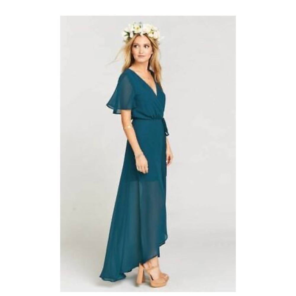 Show Me Your MuMu Sophia Wrap Dress in Deep Jade Chiffon Size XS - Picture 2 of 12
